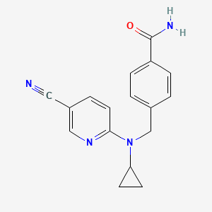 molecular formula C17H16N4O B7517657 4-[[(5-Cyanopyridin-2-yl)-cyclopropylamino]methyl]benzamide 