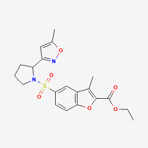 molecular formula C20H22N2O6S B7518624 Ethyl 3-methyl-5-{[2-(5-methylisoxazol-3-yl)pyrrolidin-1-yl]sulfonyl}-1-benzofuran-2-carboxylate 