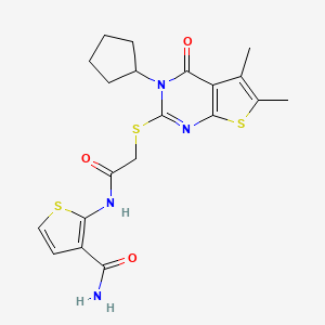 molecular formula C20H22N4O3S3 B7518884 2-[[2-(3-Cyclopentyl-5,6-dimethyl-4-oxothieno[2,3-d]pyrimidin-2-yl)sulfanylacetyl]amino]thiophene-3-carboxamide 