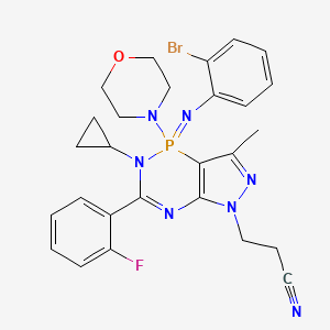 molecular formula C27H28BrFN7OP B7519001 3-[1-(2-Bromophenyl)imino-2-cyclopropyl-3-(2-fluorophenyl)-7-methyl-1-morpholin-4-ylpyrazolo[4,3-c][1,5,2]diazaphosphinin-5-yl]propanenitrile 