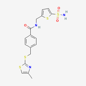 molecular formula C17H17N3O3S4 B7521143 4-[(4-methyl-1,3-thiazol-2-yl)sulfanylmethyl]-N-[(5-sulfamoylthiophen-2-yl)methyl]benzamide 