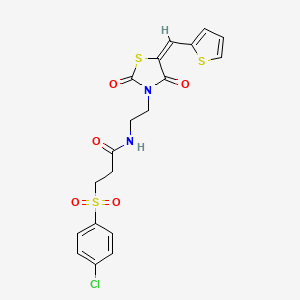 3-(4-chlorophenyl)sulfonyl-N-[2-[(5E)-2,4-dioxo-5-(thiophen-2-ylmethylidene)-1,3-thiazolidin-3-yl]ethyl]propanamide