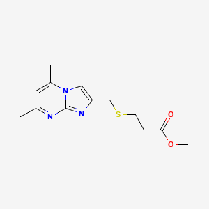 molecular formula C13H17N3O2S B7521518 Methyl 3-[(5,7-dimethylimidazo[1,2-a]pyrimidin-2-yl)methylsulfanyl]propanoate 