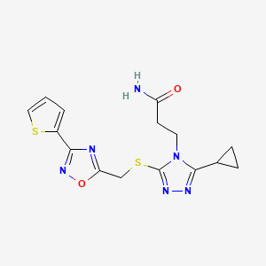 molecular formula C15H16N6O2S2 B7521610 3-[3-Cyclopropyl-5-[(3-thiophen-2-yl-1,2,4-oxadiazol-5-yl)methylsulfanyl]-1,2,4-triazol-4-yl]propanamide 