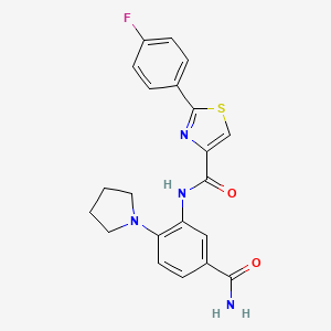 molecular formula C21H19FN4O2S B7522016 N-(5-carbamoyl-2-pyrrolidin-1-ylphenyl)-2-(4-fluorophenyl)-1,3-thiazole-4-carboxamide 