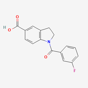 molecular formula C16H12FNO3 B7525159 1-(3-Fluorobenzoyl)-2,3-dihydroindole-5-carboxylic acid 