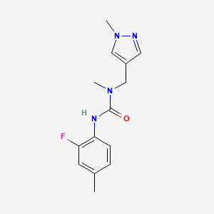 molecular formula C14H17FN4O B7526467 3-(2-Fluoro-4-methylphenyl)-1-methyl-1-[(1-methylpyrazol-4-yl)methyl]urea 