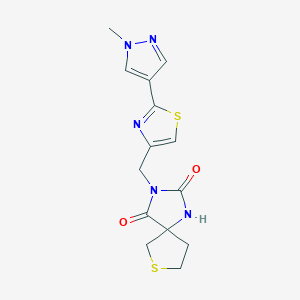 molecular formula C14H15N5O2S2 B7527614 3-[[2-(1-Methylpyrazol-4-yl)-1,3-thiazol-4-yl]methyl]-7-thia-1,3-diazaspiro[4.4]nonane-2,4-dione 