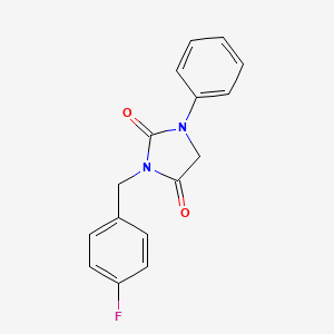molecular formula C16H13FN2O2 B7527815 3-[(4-Fluorophenyl)methyl]-1-phenylimidazolidine-2,4-dione 