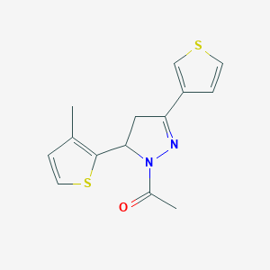 molecular formula C14H14N2OS2 B7528610 1-[3-(3-Methylthiophen-2-yl)-5-thiophen-3-yl-3,4-dihydropyrazol-2-yl]ethanone 