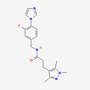 molecular formula C19H22FN5O B7532192 N-[(3-fluoro-4-imidazol-1-ylphenyl)methyl]-3-(1,3,5-trimethylpyrazol-4-yl)propanamide 