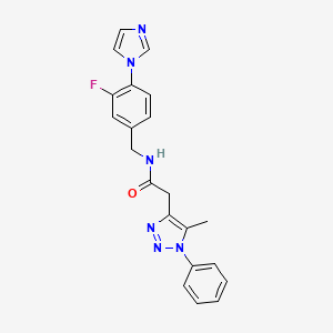 molecular formula C21H19FN6O B7532205 N-[(3-fluoro-4-imidazol-1-ylphenyl)methyl]-2-(5-methyl-1-phenyltriazol-4-yl)acetamide 