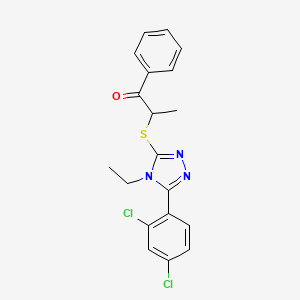 molecular formula C19H17Cl2N3OS B7532211 2-[[5-(2,4-Dichlorophenyl)-4-ethyl-1,2,4-triazol-3-yl]sulfanyl]-1-phenylpropan-1-one 