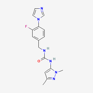 molecular formula C16H17FN6O B7532260 1-(2,5-Dimethylpyrazol-3-yl)-3-[(3-fluoro-4-imidazol-1-ylphenyl)methyl]urea 