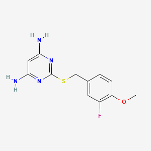 molecular formula C12H13FN4OS B7532413 2-[(3-Fluoro-4-methoxyphenyl)methylsulfanyl]pyrimidine-4,6-diamine 