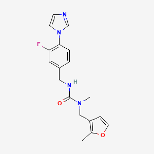 molecular formula C18H19FN4O2 B7532559 3-[(3-Fluoro-4-imidazol-1-ylphenyl)methyl]-1-methyl-1-[(2-methylfuran-3-yl)methyl]urea 