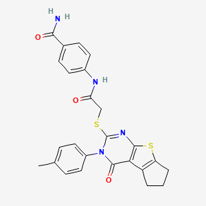 4-[[2-[[11-(4-Methylphenyl)-12-oxo-7-thia-9,11-diazatricyclo[6.4.0.02,6]dodeca-1(8),2(6),9-trien-10-yl]sulfanyl]acetyl]amino]benzamide