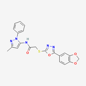 molecular formula C21H17N5O4S B7533282 2-[[5-(1,3-benzodioxol-5-yl)-1,3,4-oxadiazol-2-yl]sulfanyl]-N-(5-methyl-2-phenylpyrazol-3-yl)acetamide 