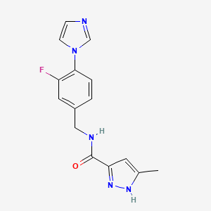 molecular formula C15H14FN5O B7533404 N-[(3-fluoro-4-imidazol-1-ylphenyl)methyl]-5-methyl-1H-pyrazole-3-carboxamide 