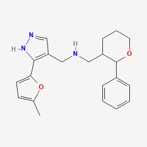 molecular formula C21H25N3O2 B7533616 N-[[5-(5-methylfuran-2-yl)-1H-pyrazol-4-yl]methyl]-1-(2-phenyloxan-3-yl)methanamine 