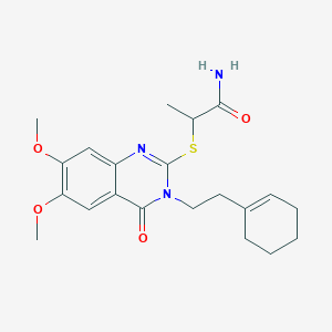 molecular formula C21H27N3O4S B7533951 2-[3-[2-(Cyclohexen-1-yl)ethyl]-6,7-dimethoxy-4-oxoquinazolin-2-yl]sulfanylpropanamide 