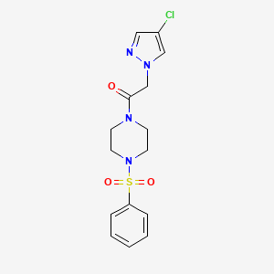 molecular formula C15H17ClN4O3S B7533995 1-[4-(Benzenesulfonyl)piperazin-1-yl]-2-(4-chloropyrazol-1-yl)ethanone 