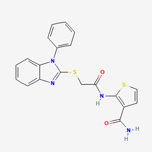 molecular formula C20H16N4O2S2 B7534256 2-[[2-(1-Phenylbenzimidazol-2-yl)sulfanylacetyl]amino]thiophene-3-carboxamide 