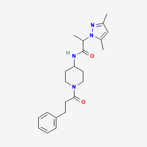 molecular formula C22H30N4O2 B7534303 2-(3,5-dimethylpyrazol-1-yl)-N-[1-(3-phenylpropanoyl)piperidin-4-yl]propanamide 