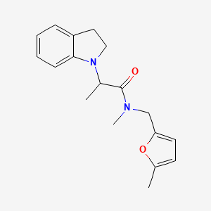 molecular formula C18H22N2O2 B7534536 2-(2,3-dihydroindol-1-yl)-N-methyl-N-[(5-methylfuran-2-yl)methyl]propanamide 