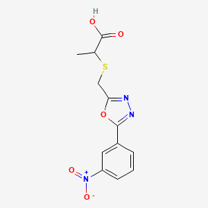 molecular formula C12H11N3O5S B7534773 2-[[5-(3-Nitrophenyl)-1,3,4-oxadiazol-2-yl]methylsulfanyl]propanoic acid 