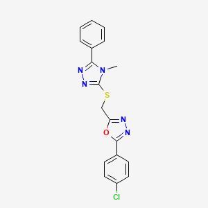 molecular formula C18H14ClN5OS B7534920 2-(4-Chlorophenyl)-5-[(4-methyl-5-phenyl-1,2,4-triazol-3-yl)sulfanylmethyl]-1,3,4-oxadiazole 