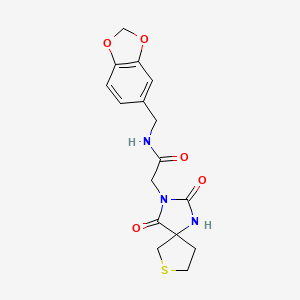 molecular formula C16H17N3O5S B7535393 N-(Benzo[d][1,3]dioxol-5-ylmethyl)-2-(2,4-dioxo-7-thia-1,3-diazaspiro[4.4]nonan-3-yl)acetamide 