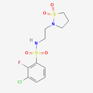 molecular formula C11H14ClFN2O4S2 B7535853 3-chloro-N-[2-(1,1-dioxo-1,2-thiazolidin-2-yl)ethyl]-2-fluorobenzenesulfonamide 