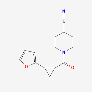molecular formula C14H16N2O2 B7536229 1-[2-(Furan-2-yl)cyclopropanecarbonyl]piperidine-4-carbonitrile 