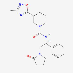 molecular formula C21H27N5O3 B7536352 3-(3-methyl-1,2,4-oxadiazol-5-yl)-N-[2-(2-oxopyrrolidin-1-yl)-1-phenylethyl]piperidine-1-carboxamide 