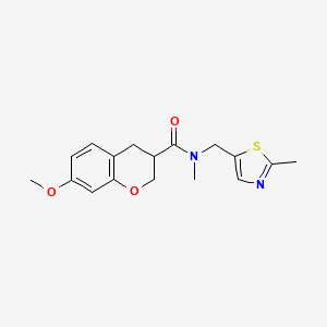 molecular formula C17H20N2O3S B7536426 7-methoxy-N-methyl-N-[(2-methyl-1,3-thiazol-5-yl)methyl]-3,4-dihydro-2H-chromene-3-carboxamide 
