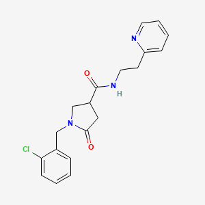 molecular formula C19H20ClN3O2 B7536552 1-[(2-chlorophenyl)methyl]-5-oxo-N-(2-pyridin-2-ylethyl)pyrrolidine-3-carboxamide 