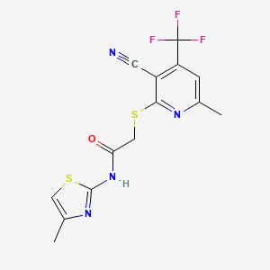 molecular formula C14H11F3N4OS2 B7538337 2-[3-cyano-6-methyl-4-(trifluoromethyl)pyridin-2-yl]sulfanyl-N-(4-methyl-1,3-thiazol-2-yl)acetamide 