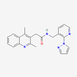 molecular formula C22H21N5O B7538890 2-(2,4-dimethylquinolin-3-yl)-N-[(2-pyrazol-1-ylpyridin-3-yl)methyl]acetamide 