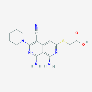 molecular formula C16H18N6O2S B7540569 2-[(1,8-Diamino-5-cyano-6-piperidin-1-yl-2,7-naphthyridin-3-yl)sulfanyl]acetic acid 
