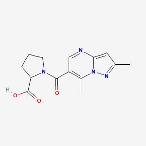 molecular formula C14H16N4O3 B7541226 1-(2,7-Dimethylpyrazolo[1,5-a]pyrimidine-6-carbonyl)pyrrolidine-2-carboxylic acid 
