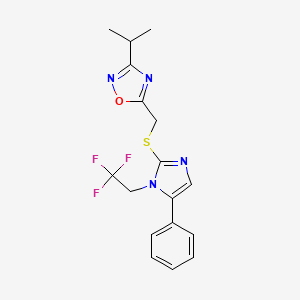 molecular formula C17H17F3N4OS B7542891 5-[[5-Phenyl-1-(2,2,2-trifluoroethyl)imidazol-2-yl]sulfanylmethyl]-3-propan-2-yl-1,2,4-oxadiazole 