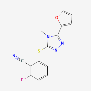 molecular formula C14H9FN4OS B7544669 2-Fluoro-6-[[5-(furan-2-yl)-4-methyl-1,2,4-triazol-3-yl]sulfanyl]benzonitrile 