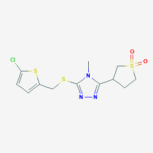 molecular formula C12H14ClN3O2S3 B7545707 3-[5-[(5-Chlorothiophen-2-yl)methylsulfanyl]-4-methyl-1,2,4-triazol-3-yl]thiolane 1,1-dioxide 