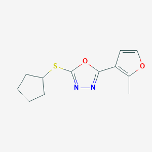 molecular formula C12H14N2O2S B7546877 2-Cyclopentylsulfanyl-5-(2-methylfuran-3-yl)-1,3,4-oxadiazole 