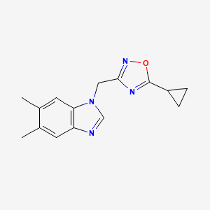 molecular formula C15H16N4O B7547259 5-Cyclopropyl-3-[(5,6-dimethylbenzimidazol-1-yl)methyl]-1,2,4-oxadiazole 