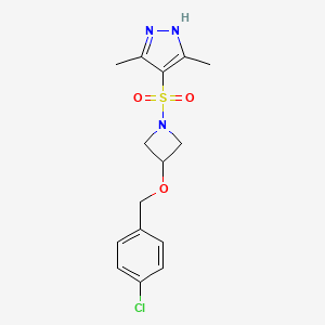 molecular formula C15H18ClN3O3S B7548407 4-[3-[(4-chlorophenyl)methoxy]azetidin-1-yl]sulfonyl-3,5-dimethyl-1H-pyrazole 