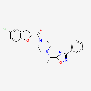 molecular formula C23H23ClN4O3 B7550594 (5-Chloro-2,3-dihydro-1-benzofuran-2-yl)-[4-[1-(3-phenyl-1,2,4-oxadiazol-5-yl)ethyl]piperazin-1-yl]methanone 