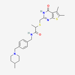 molecular formula C26H34N4O2S2 B7550920 2-[(5,6-dimethyl-4-oxo-3H-thieno[2,3-d]pyrimidin-2-yl)methylsulfanyl]-N-[[4-[(4-methylpiperidin-1-yl)methyl]phenyl]methyl]propanamide 