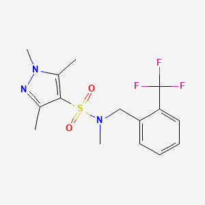 molecular formula C15H18F3N3O2S B7551086 N,1,3,5-tetramethyl-N-[[2-(trifluoromethyl)phenyl]methyl]pyrazole-4-sulfonamide 